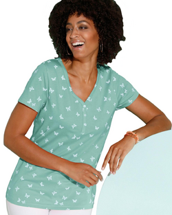 Дамска блуза с копчета десен пеперуди в зелено
