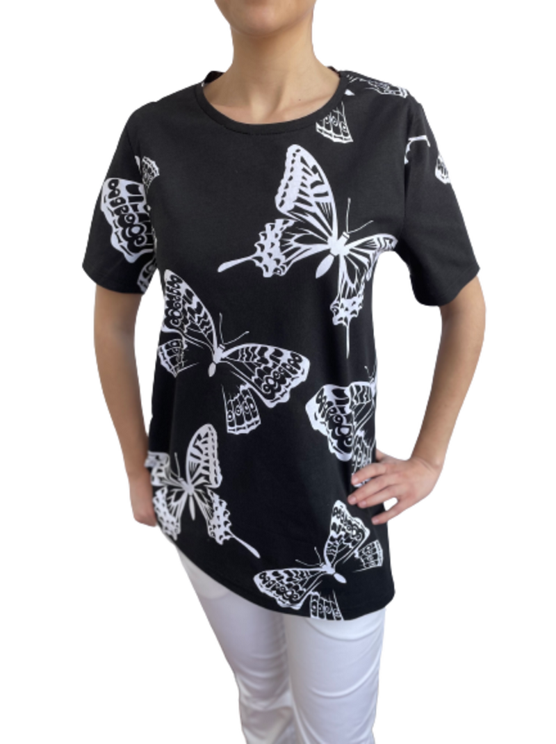 Асиметрична дамска туника десен пеперуди в черно