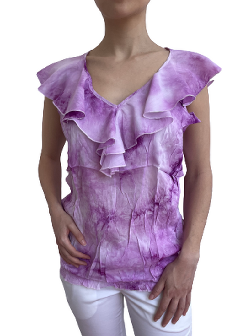 Дамска блуза с богат волан по деколтето в наситен люляков цвят