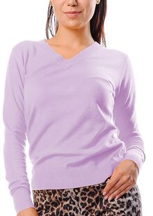 Дамски пуловер с кашмир с остро деколте в светло лилаво