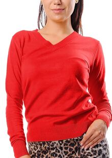 Дамски пуловер с кашмир с остро деколте в цвят корал