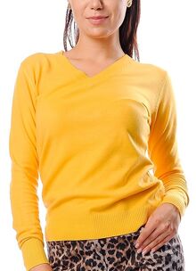 Дамски пуловер с кашмир с остро деколте в патешко жълто