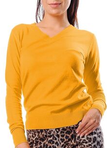 Дамски пуловер с кашмир с остро деколте в есенно жълто