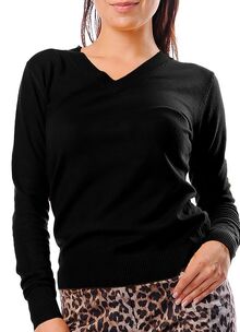 Дамски пуловер с кашмир с остро деколте в черно.