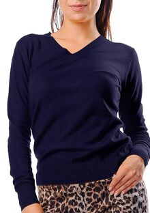 Дамски пуловер с кашмир с остро деколте в тъмно синьо.