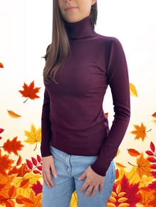 Дамски пуловер поло с дълъг ръкав в наситен винен цвят