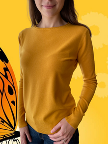 Дамска блуза с кашмир, обло деколте в есенно жълто
