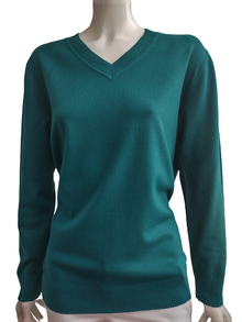Дамски пуловер с кашмир с остро деколте в петролено зелено