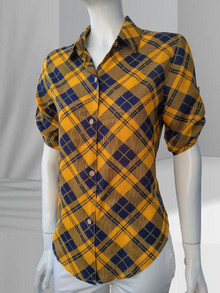 Дамска риза памук, полувтален модел, ръкави с регулиране, закопчаване до долу, жълто каре