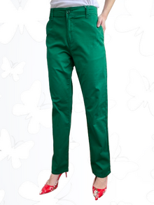 Дамски панталон, тип дънки, италиански джобове, дълбока талия, права кройка, в зелено