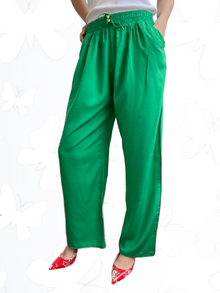Летен дамски панталон, памучна материя, италиански джобове, колан с широк ластик и връзки, цвят ярко зелен