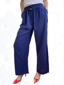 Летен дамски панталон, памучна материя, италиански джобове, колан с широк ластик и връзки, цвят тъмно син