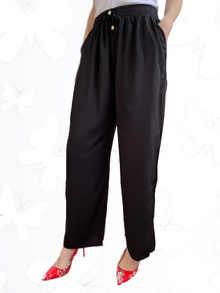 Летен дамски панталон, памучна материя, италиански джобове, колан с широк ластик и връзки, черен