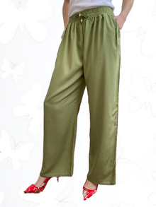 Летен дамски панталон, памучна материя, италиански джобове, колан с широк ластик и връзки, цвят пастелно зелен
