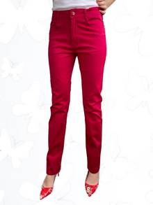 Дамски панталон тип дънки, права кройка, пет джоба, закопчаване с цип, цвят малина
