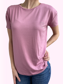 Дамска блуза с къс ръкав, памучна материя, модел фенди в лилав цвят