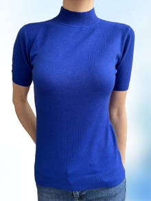 Есенна дамска блуза полуполо с къс ръкав в цвят петролено синьо