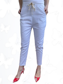 Дамски панталон памук-лен, леко еластичен, ластик и връзка в талията в бяло