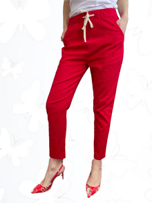 Дамски панталон памук-лен, леко еластичен, ластик и връзка в талията, цвят малина