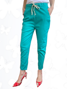 Дамски панталон памук-лен, леко еластичен, ластик и връзка в талията, цвят тюркоаз