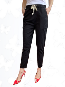Дамски панталон памук-лен, леко еластичен, ластик и връзка в талията в класическо черно