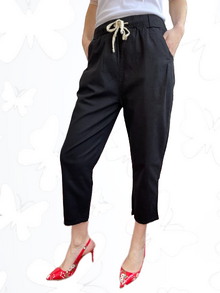 Дамски панталон памук-лен, леко еластичен, ластик и връзка в талията, дължина 7/8, в черно
