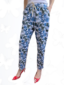 Дамски панталон памук-лен, леко еластичен, ластик и връзка в талията, десен в синьо