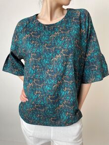 Дамска блуза от памучна материя с 3/4 ръкав в син цвят