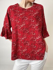 Дамска блуза от памучна материя с 3/4 ръкав в червен цвят