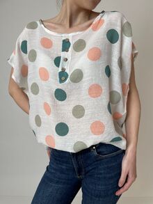 Дамска блуза от памучна материя с къс ръкав, летен десен разноцветни кръгове