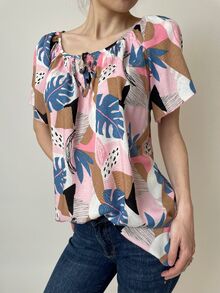Дамска блуза с обло деколте и набор и връзки, къс ръкав,памучна материя, големи размери, свободна кройка, розова гама