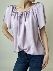 Дамска блуза, големи размери, памучна материя, къс , набор по деколтето, бледо лилава