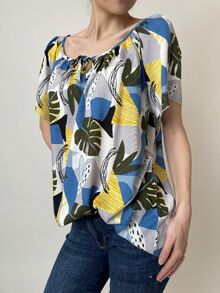 Дамска блуза с обло деколте и набор и връзки, къс ръкав,памучна материя, големи размери, свободна кройка, синя гама
