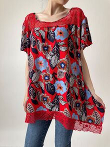 Дамска туника с дантелени украси, къс ръкав,памучна материя, големи размери, свободна кройка, десен червено