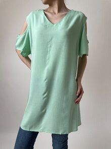 Дамска блуза, големи размери, памучна материя, къс ръкав с цепка, бледо зелена