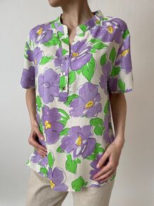 Дамска риза от памук, къс ръкав, големи размери, цветя в люляков цвят