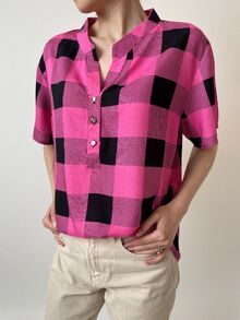 Дамска риза от памук, къс ръкав, големи размери, каре циклама