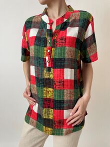 Дамска риза от памук, къс ръкав, големи размери, каре червен меланж