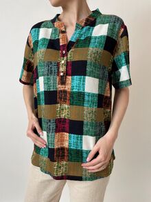 Дамска риза от памук, къс ръкав, големи размери, каре зелен меланж