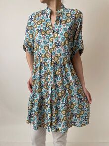 Дълга дамска рокля-риза от памук на дребни цветенца в електриково