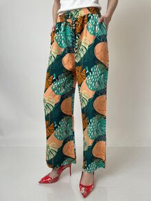 Шарен дамски панталон, лятна материя, ластик и връзки в талията, права кройка, италиански джобове