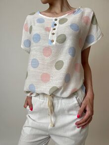 Дамска блуза от памучна материя с къс ръкав, летен десен разноцветни кръгове в бледи тонове
