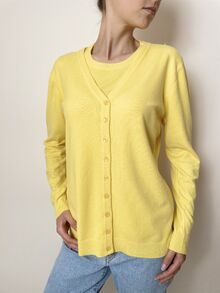 Дамски комплект блуза с къс ръкав и жилетка, гладка плетка, кашмир, цвят бебешко жълто