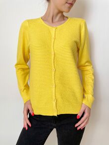 Дамска жилетка с кашмир, релефна плетка, обло деколте, цвят патешко жълто