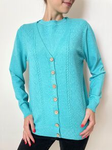 Дамски комплект с кашмир, блуза с обло деколте и жилетка с остро деколте и копчета, електриково синьо