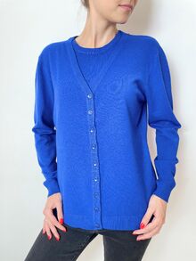 Дамски комплект блуза с къс ръкав и жилетка, гладка плетка, кашмир, цвят кралско синьо