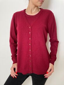 Дамски комплект блуза с къс ръкав и жилетка, гладка плетка, кашмир, цвят бордо