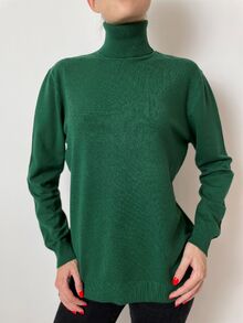 Дамски пуловер поло с дълъг ръкав в тъмно зелено
