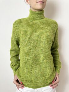 Дамски пуловер поло с дълъг ръкав, дебела плетка, в зелен цвят