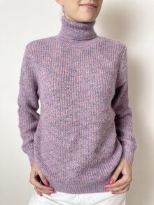 Дамски пуловер поло с дълъг ръкав, дебела плетка, в лилав цвят